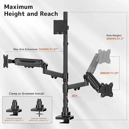Triple Monitor Mount up to 49 inches, Fully Adjustable Heavy Duty 3 Monitor Arm with Gas Spring, Desk Mount for 3 Screens, C-Clamp & Grommet Base, Holds 44 lbs, Black