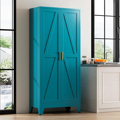 71" Tall Metal Pantry Cabinet, Kitchen Storage Cabinet with 2 Doors and 4 Adjustable Shelves for Kitchen, Living Room, Dining Room, Bathroom and Home, Office (Blue, 1PC)