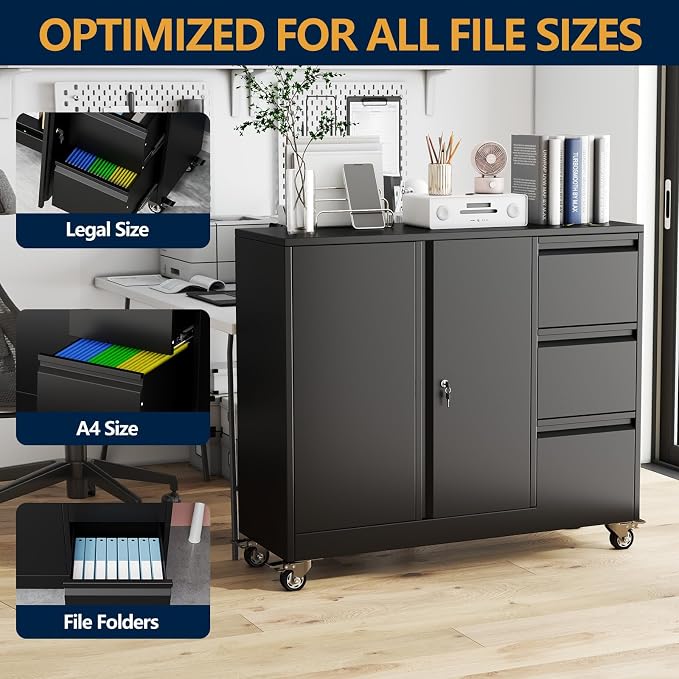 3 Drawer Metal File Cabinet with Wheels, Lockable Mobile Lateral Filing Cabinet for Home Office, Unique Gooseneck Edge Design, Fits Letter/A4/Legal Size, Under Desk Storage Cabinet, Black
