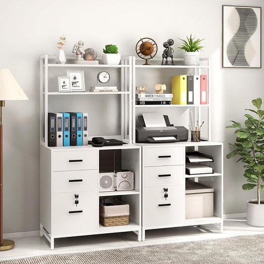 Livofloral Vertical File Cabinet with Charging Station, Filing Cabinets for Home Office, Large Printer Stand with Open Storage Shelves, 3 Drawer Filing Cabinet with Lock fits Letter/A4 Size, White