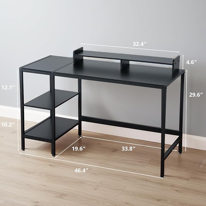 MINOSYS 47-inch Computer Desk with Storage Shelf - Your Ideal Black Gaming Desk for Bedrooms, Small Spaces, and Home Offices. This Modern Writing Desk is Perfectly Suited for PCs.
