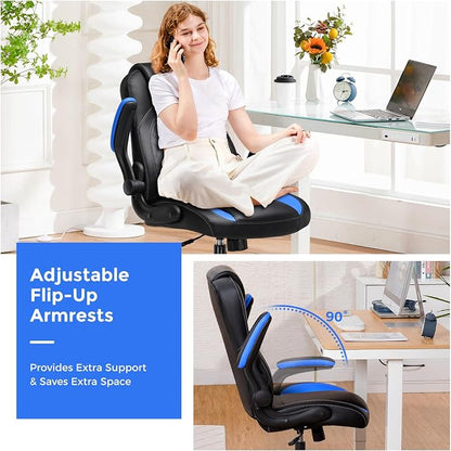 GTPLAYER Office Computer Gaming Chair Ergonomic Desk Chair for Adults with Lumbar Support Flip-Up Arms Adjustable Height Swivel Wheels PU Leather Executive Design for Short People Use, Blue