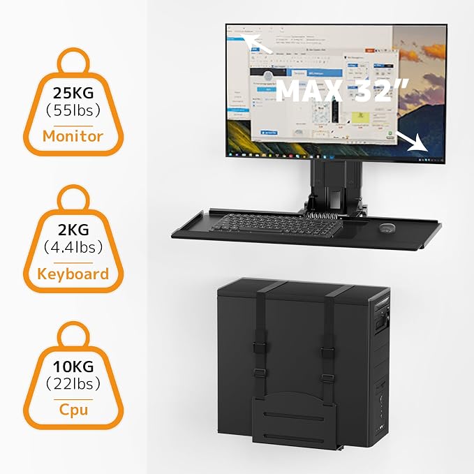 Monitor and Keyboard Wall Mount with CPU Holder for 32" Monitors (55 lbs Max), Keyboard Tray (4.4 lbs Load) & CPU Holder (22 lbs Capacity) - Height Adjustable, with Mouse Pad, VESA75/100