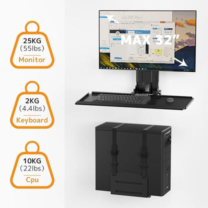 Monitor and Keyboard Wall Mount with CPU Holder for 32" Monitors (55 lbs Max), Keyboard Tray (4.4 lbs Load) & CPU Holder (22 lbs Capacity) - Height Adjustable, with Mouse Pad, VESA75/100