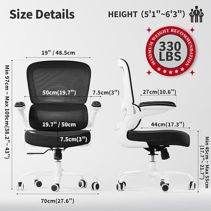 TRALT Ergonomic Office Chair - Desk Chair with Adjustable Lumbar Support Computer Chair - Mesh Comfy Chair with Flip-up Armrests - Gaming Chairs for Adults Home Office (PU Leather, Black White)