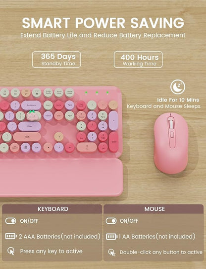 Wireless Keyboard and Mouse Combo, Typewriter Keyboard with Detachable Wrist Rest, Full-Size Retro Round Keycaps, Smart-Sleep, 2.4GHz Stable Connection for Mac/Windows/PC, Trueque(Rose Quartz Pink)