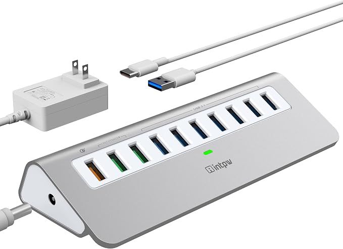 Powered USB Hub 10Gbps, 10 Port USB 3.2 Gen 2 Hub with 7 USB 3.2 Data Ports, 3 Fast Charging Ports, 36W Power Adapter, Type A and Type C Cable, Aluminum USB Hub for Laptop, Mac, PC