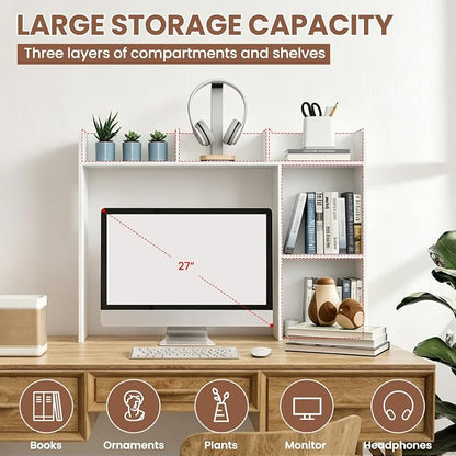 Desk Hutch Dorm White, 3-Tire Wood Desk Shelf Storage Organizer for Office Home