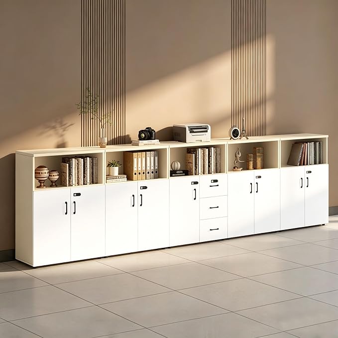 File Cabinet with Password Lock, Wood Lateral Filing Cabinet for Letter/A4 Files, 3 Drawer with Door, Printer Stand with Open Shelves for Home Office