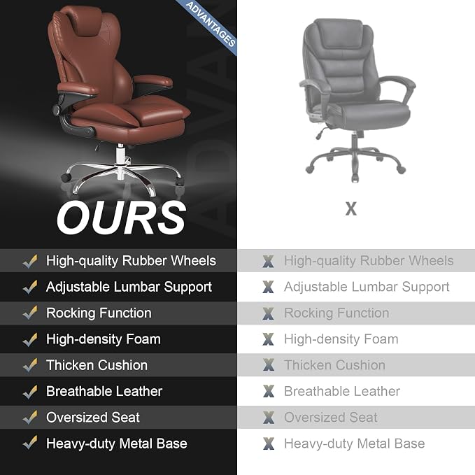 Office Chair, Home Desk Chair, Ergonomic Computer Chair with Lumbar Support, Executive Leather Chair with Flip-Up Armrests, Big and Tall Swivel Rolling Chair, Light Brown