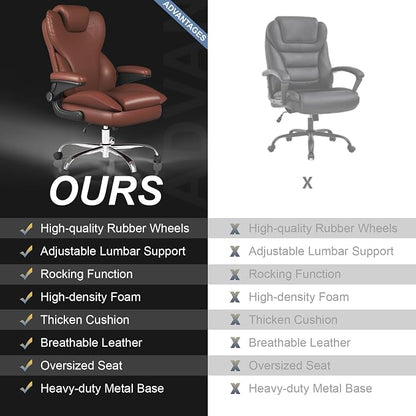 Office Chair, Home Desk Chair, Ergonomic Computer Chair with Lumbar Support, Executive Leather Chair with Flip-Up Armrests, Big and Tall Swivel Rolling Chair, Light Brown