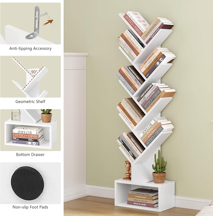 Hoctieon 9 Tier Tree Bookshelf, Tall Bookcase with Drawer, Wood Book Shelf, Modern Floor Standing Bookshelves, Book Organizer Shelves for Bedroom, Living Room, Home Office, White