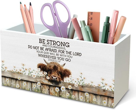DILSJ Christian Highland Cow Pen Pencil Holder Organizer for Desk, Highland Cow Gifts for Women, Be Strong and Courageous Wooden Box Signs for Home Office Desk Decoration Office & School Supplies