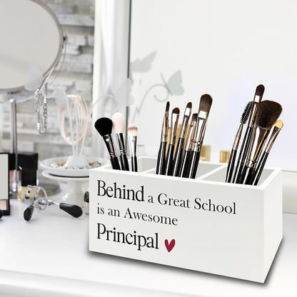 Principal Gifts Pen Pencil Holder Organizer for Desk, Gifts for Principals Women Men, Behind a Great School Is an Awesome Principal Wooden Box Sign for Office Workplace Desk Tabletop Decorations