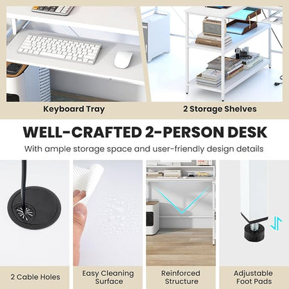 Tangkula 2-Person Reversible Computer Desk with LED Lights, 94.5” Long Office Desk with Power Outlets, Monitor Stand, Keyboard Tray & 2 Storage Shelves, Double Desk for Gaming Working Writing (White)