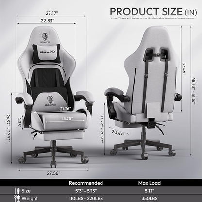 Dowinx Gaming Chair Fabric Big and Tall with Pocket Spring Cushion, Massage Game Chair Cloth with Headrest, Ergonomic Computer Chair with Footrest 350LBS, Black Grey