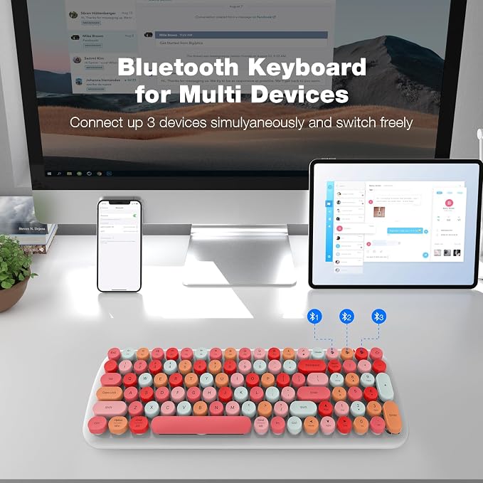 MOFII Wireless Bluetooth Keyboard for Laptop & Android, Connect up to 3 Devices Simultaneously, Portable 100-Key Typewriter Retro Round Keycaps Keyboard - Lipstick Colors