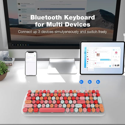 MOFII Wireless Bluetooth Keyboard for Laptop & Android, Connect up to 3 Devices Simultaneously, Portable 100-Key Typewriter Retro Round Keycaps Keyboard - Lipstick Colors