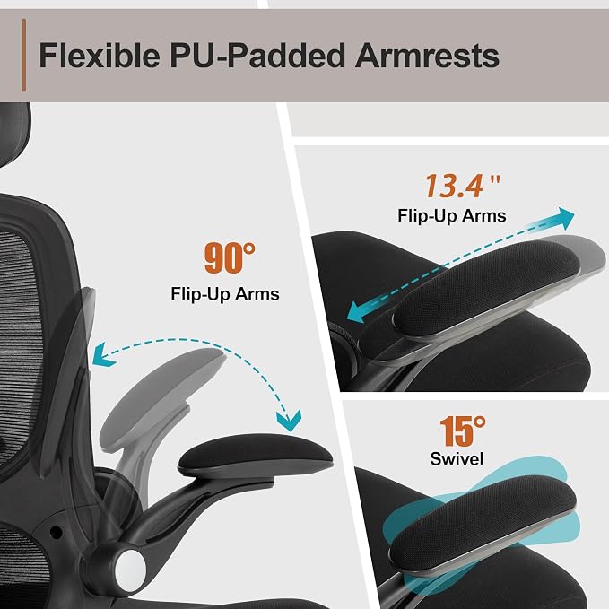Ergonomic Office Chair,Home Mesh Office Desk Chairs,High Back Chair 330 LBS,Swivel Computer Task Chair with Adjustable Lumbar Support,Up&Down Flip-Up Arms,Rocking Function (Black)