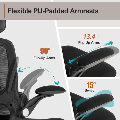 Ergonomic Office Chair,Home Mesh Office Desk Chairs,High Back Chair 330 LBS,Swivel Computer Task Chair with Adjustable Lumbar Support,Up&Down Flip-Up Arms,Rocking Function (Black)