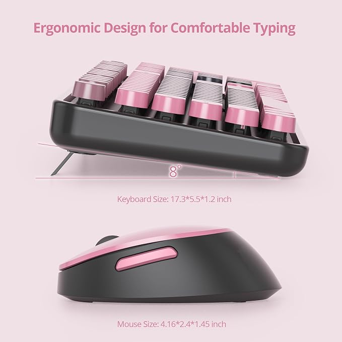 Guffercty kred Black and Pink Keyboard and Mouse Wireless, Retro Typewriter Cute Colorful Wireless Keyboard Full-Size 2.4GHz with Round Keycaps for Desktop Laptop and PC (Pink Plum)