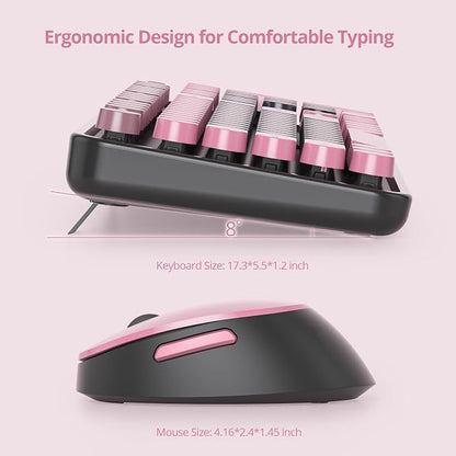 Guffercty kred Black and Pink Keyboard and Mouse Wireless, Retro Typewriter Cute Colorful Wireless Keyboard Full-Size 2.4GHz with Round Keycaps for Desktop Laptop and PC (Pink Plum)