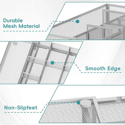 Expandable Desk Drawer Organizer Tray with 10 Adjustable Compartments, Metal Mesh Office Drawer Organizer, Versatile Desk Organizer for Home, School Supplies, Makeup Vanity & Jewelry (White)