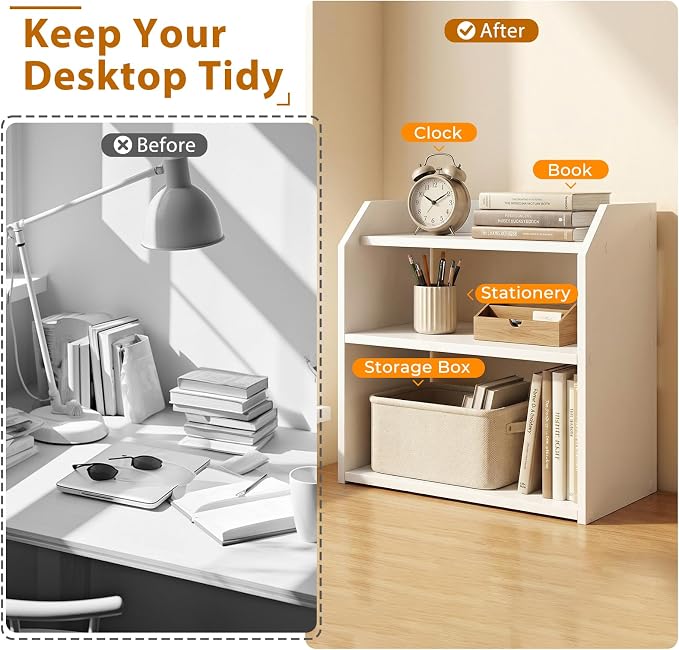 Tangkula 3-Tier Desktop Bookshelf, Wooden Countertop Bookcase with Guardrails, Space-Saving Desk Display Hutch Shelf, Modern Tabletop Storage Organizer for Study Room, Office and Dormitory (2,White)
