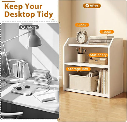 Tangkula 3-Tier Desktop Bookshelf, Wooden Countertop Bookcase with Guardrails, Space-Saving Desk Display Hutch Shelf, Modern Tabletop Storage Organizer for Study Room, Office and Dormitory (1,White)