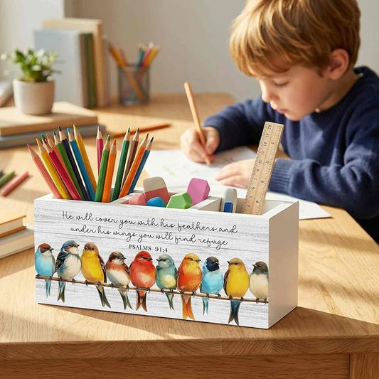 Christian Bird Pencil Pen Holder for Desk Organizer, Christian Gifts for Women Men, Religious Bible Verse Wooden Box Decorations for Home Office Bedroom Desk Tabletop Decor