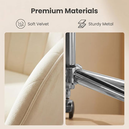 Velvet Home Office Desk Chair, Modern Cute Computer Task Chair with Back, Height Adjustable Upholstered Vanity Chair with Swivel Wheels for Women, Girls (Silver Base, Cream