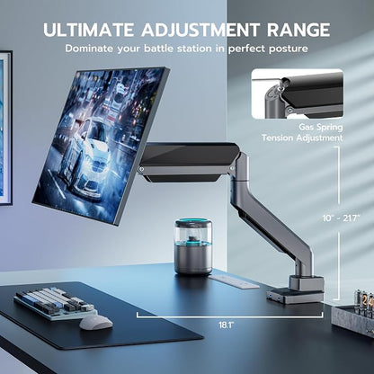 ARES WING Single Monitor Arm, Heavy Duty Adjustable Monitor Arm for 13"-49" Screens with USB, Gas Spring Desk Mount Stand with C Clamp/Grommet Mounting Base up to 40lbs Computer, Gray