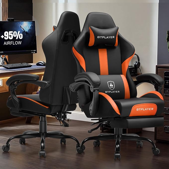 GTPLAYER Gaming Chair with Pocket Spring Cushion, Leather Office Chair with Ergonomic High Back & Lumbar Support for Back Pain Relief, Computer Game Chair for Adults, Orange