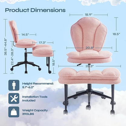 Pinmoco Ergonomic Cross Legged Office Chair for ADHD, Kneeling Chair with 360° Swivel Wheels and Reversible Seating for Meditation, Adjustable Height and Seat Deapth, Teddy Fabric, Pink