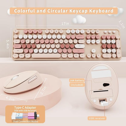 Wireless Keyboard and Mouse Combo, Ergonomic Full Size Typewriter Retro Round Keycaps Keyboard, Compatible with Windows, PC, Perfer for Home and Office Keyboards (Chocolate Color)
