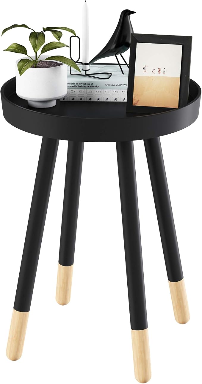 Lavish Home Round End Table – 2-Tone Wooden Mid-Century Modern Stand with Tray Top to Hold Drinks or Display Décor – Accent Table or Nightstand (Black)