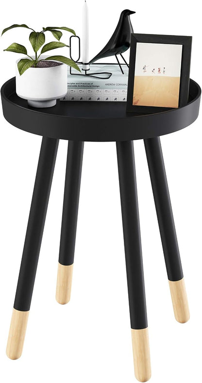 Lavish Home Round End Table – 2-Tone Wooden Mid-Century Modern Stand with Tray Top to Hold Drinks or Display Décor – Accent Table or Nightstand (Black)