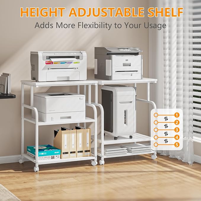 3-Tier Large Printer Stand with Storage, Rolling Printer Cart with Lockable Wheels for Home, Office (White)