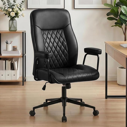 Furniliving Leather Office Chair, Comfy Home Office Desk Chair, Mid Century Modern Office Chair with Lumbar Support, Mid-Back Adjustable Swivel Computer Chair with Wheels and Arms, Black