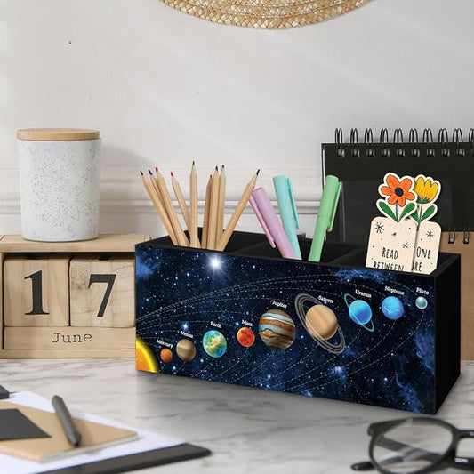 Outer Space Decor Wooden Pen Pencil Holder for Desk, Black Space Themed Bedroom Decor Gift for Kids Men, The Solar System Wood Makeup Brush Toothbrush Holder Organizer for Library Bedroom