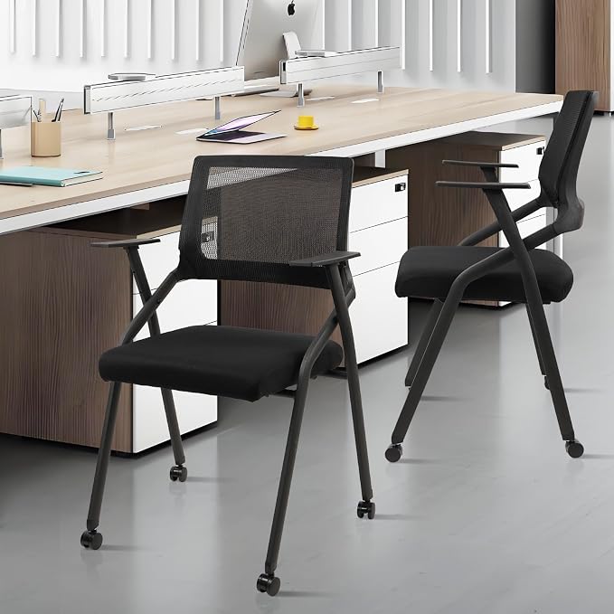 CLATINA Stackable Foldable Conference Room Chairs with Wheels, Portable Padded Office Desk Chair with Lumbar Support and Armrest for Training Room, Guest, Reception, Event, Black (20pk)