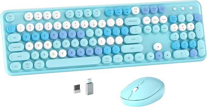 MPTOG Colorful Wireless Computer Keyboard and Mouse Combo with Round Typewriter Keycaps, Retro Design, Power Switch, Ergonomic Design, 2.4GHz Wireless for Windows, Mac, PC (Blue-Colorful)