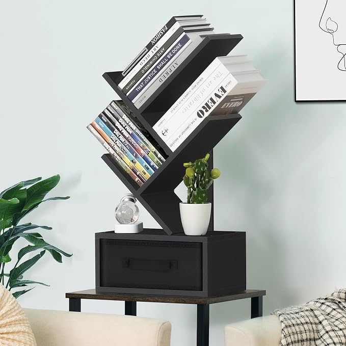 SHEEPAM Small Book Shelf with Drawer,4 Tier Black Tree Bookshelf,Wooden Desktop Bookcase,Modern Desk Display Storage Bookshelves,Floor Standing Organizer Bookcases for Living Room,Bedroom,Office