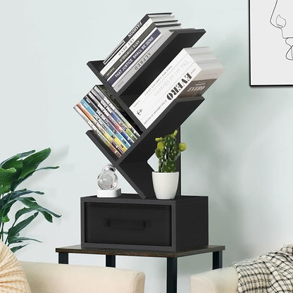 SHEEPAM Small Book Shelf with Drawer,4 Tier Black Tree Bookshelf,Wooden Desktop Bookcase,Modern Desk Display Storage Bookshelves,Floor Standing Organizer Bookcases for Living Room,Bedroom,Office