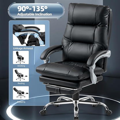 Massage Office Chair with Foot Rest, 400 LBS Ergonomic Executive Chair, High Back Reclining Leather Desk Chair with 135° Recline, 6-Point Vibration and Heat, Modern