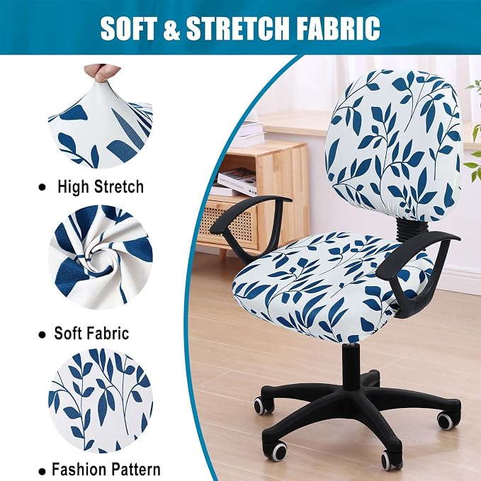 Smiry Stretch Printed Office Computer Chair Covers, Universal Washable Removable Desk Rotating Chair Slipcovers Protector, Seat + Backrest Cover - Teal and White