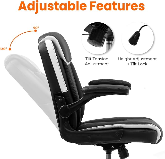 NEO CHAIR Desk Office Gaming Computer Chair Ergonomic Executive Mid-Back Leather with Adjustable Padded Flip-Up Armrests Cushion Wheels Swivel for Home Study Task (Black White)