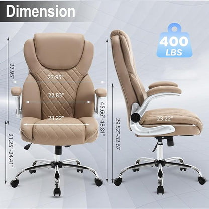 Leather Executive Office Chair, Big and Tall High Back Ergonomic Desk Chairs with Wheels, 90-120° Rocking Managerial Home Computer Chairs with Flip up Arms and Lumbar Support, Light Brown