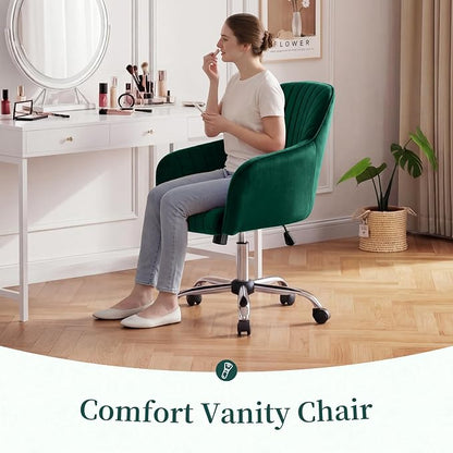 Warmiehomy Desk Chair, Velvet Office Chair, Comfy Reading Chair for Home Office, Women Luxe Computer Vanity Chair for Bedroom, Emerald Green