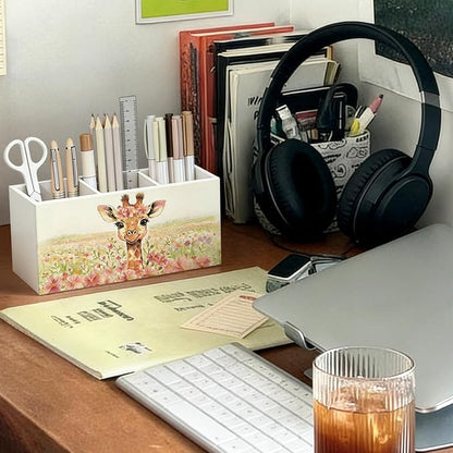 Giraffe Cottagecore Flower Pen Pencil Holder for Desk, Giraffe Gifts for Women, Animal Lovers Gifts Wooden Box Sign Decorations for Girls Room Bedroom Home Office Desk Tabletop